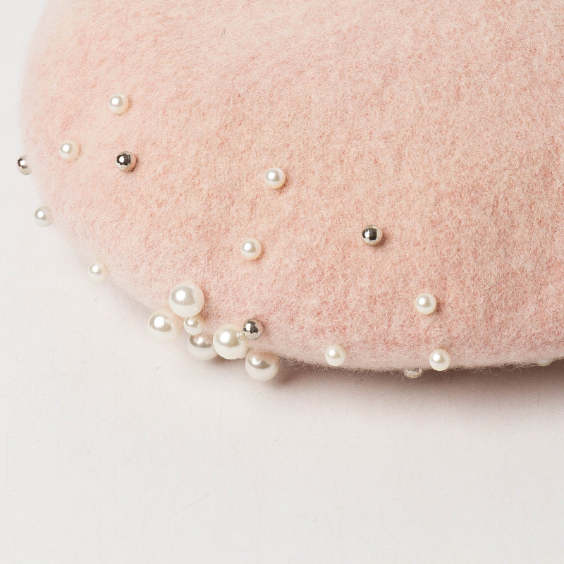 Fashion Casual Round Pearl Decorated Wool Bud Hat