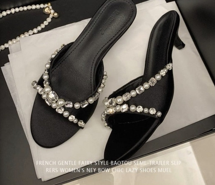 Women's Elegant Low Heel Sandals With Rhinestone & Pearl Bow, Round Toe, Simple Satin, Perfect For Dresses