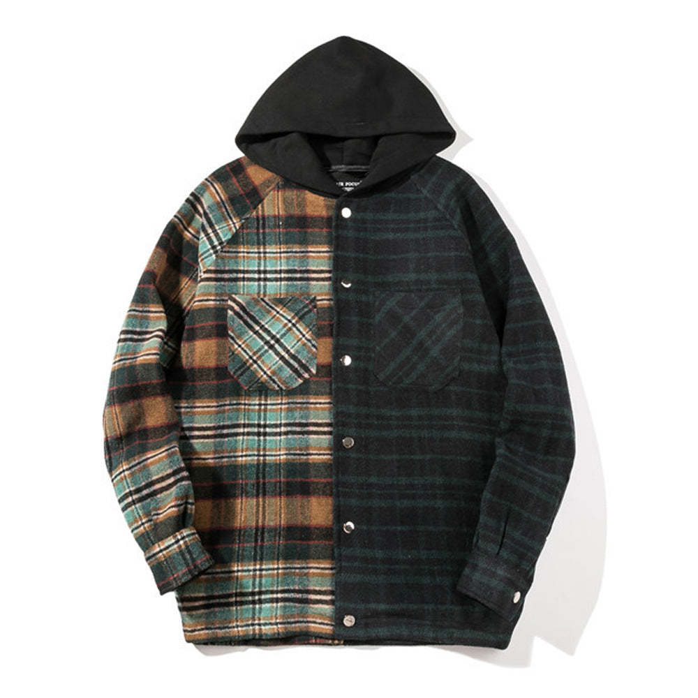 Color Matching Stitching Plaid Hooded Loose Cardigan Jacket European And American Style Hoodie