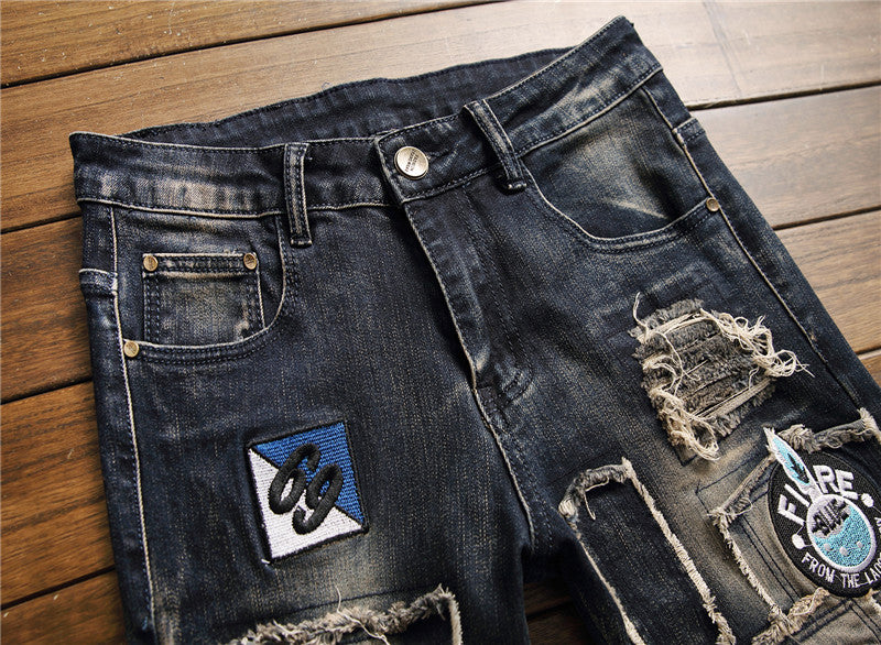 New European And American Style Men's Ripped Patch Stretch Jeans