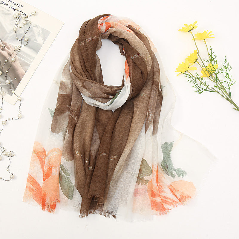 Women's Cotton And Linen Fleece Trimmed Printed Scarf