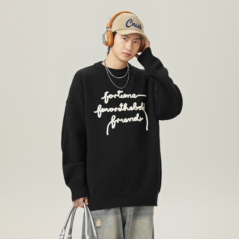 Three-dimensional Letter Plate Flower Design Warm Sweater Male Couple