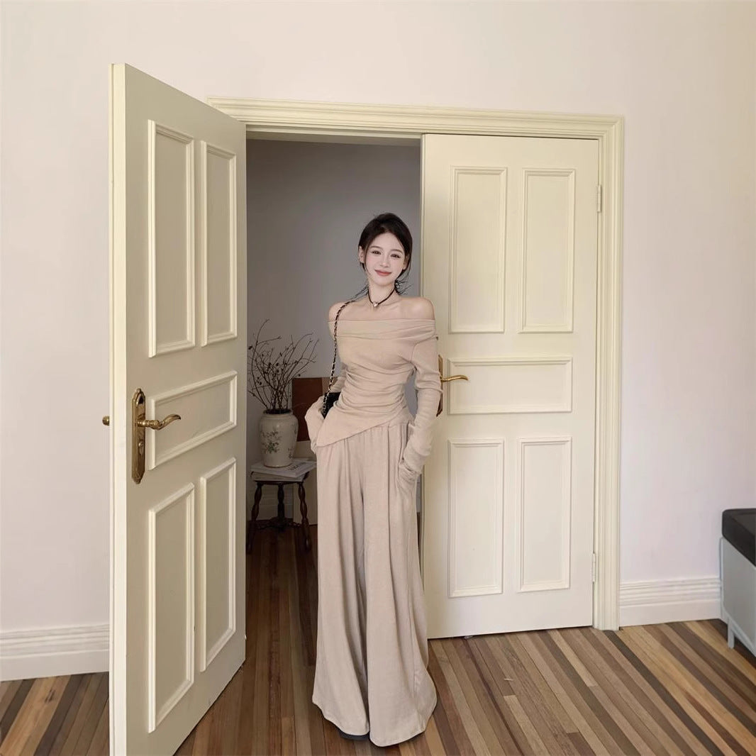 Long-sleeve Top And Wide-leg Pants Two-piece Set