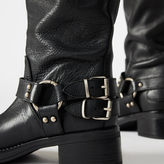 Round-toe Belt Buckle High-top Boots