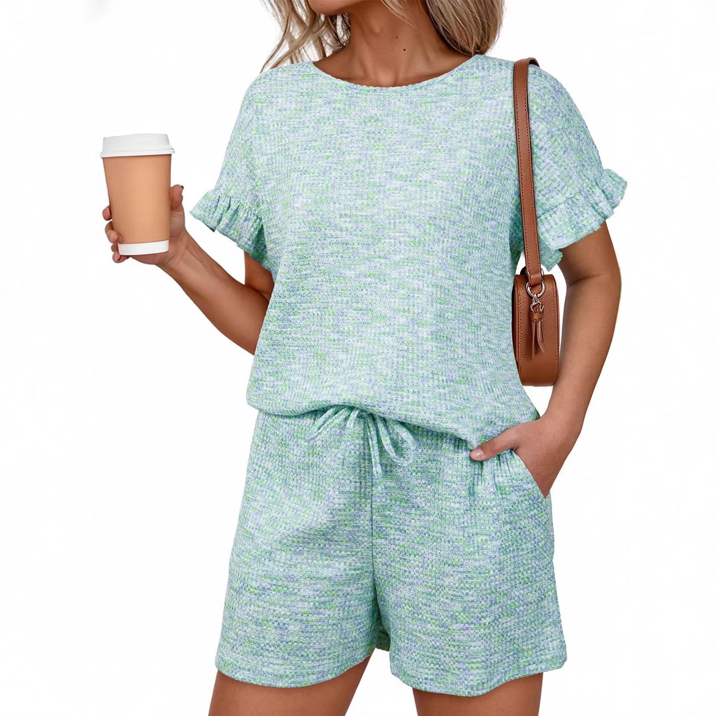 Summer Crew Neck Pullover Ruffle Sleeve Drawstring Pocket Shorts Set