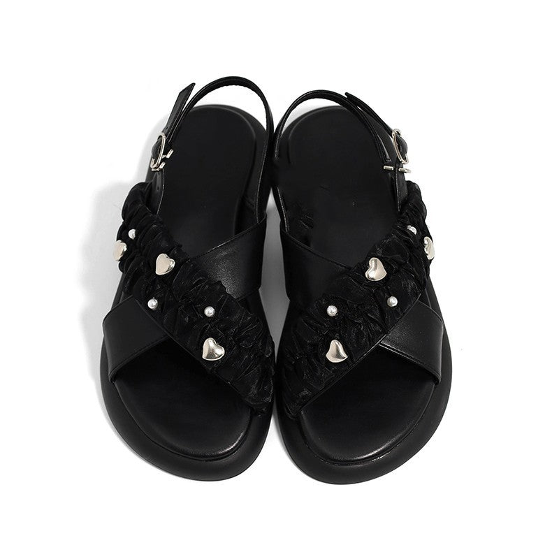 Flat French Black Thick Sole Roman Women's Sandals