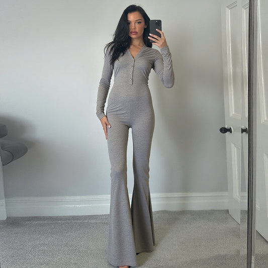 Solid-color V-neck Buttoned Bodycon Long-sleeve High-waist Flared Jumpsuit