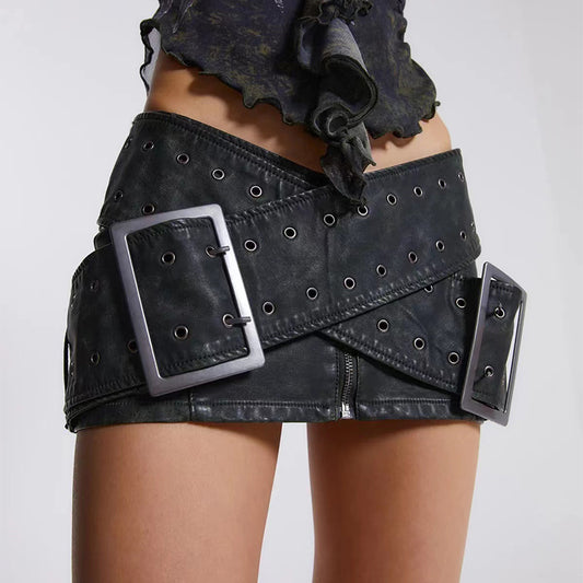Vintage Worn Cross Belt Leather Miniskirt
