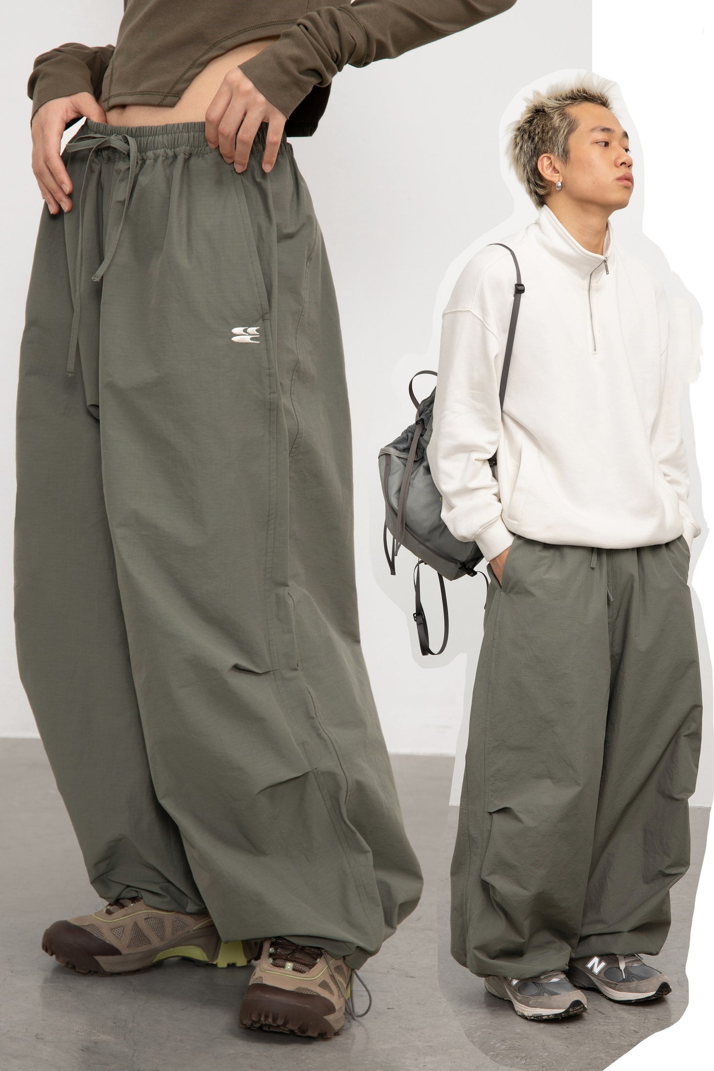 Grey-green American Trench Coat Wide-leg Sweatpants