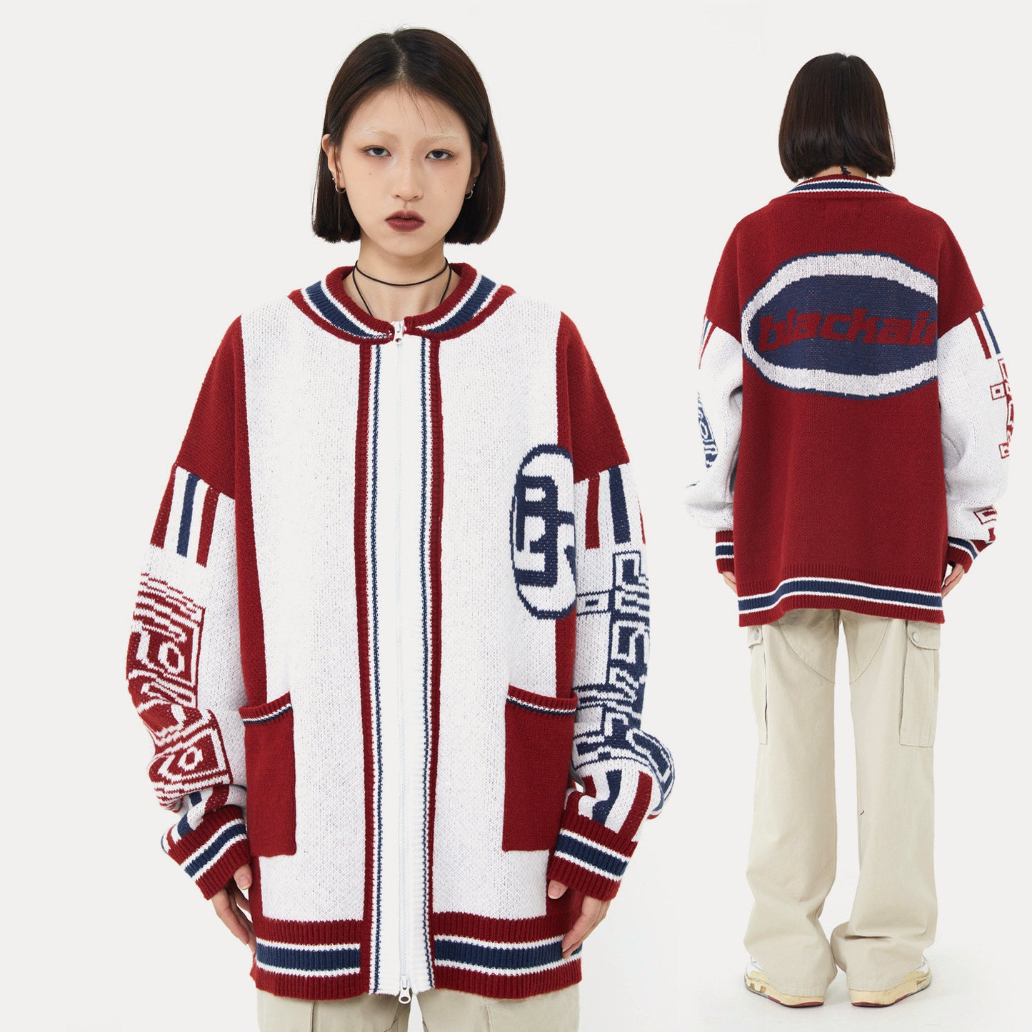 American College Style Ins Letters Loose Color Matching Sweater
