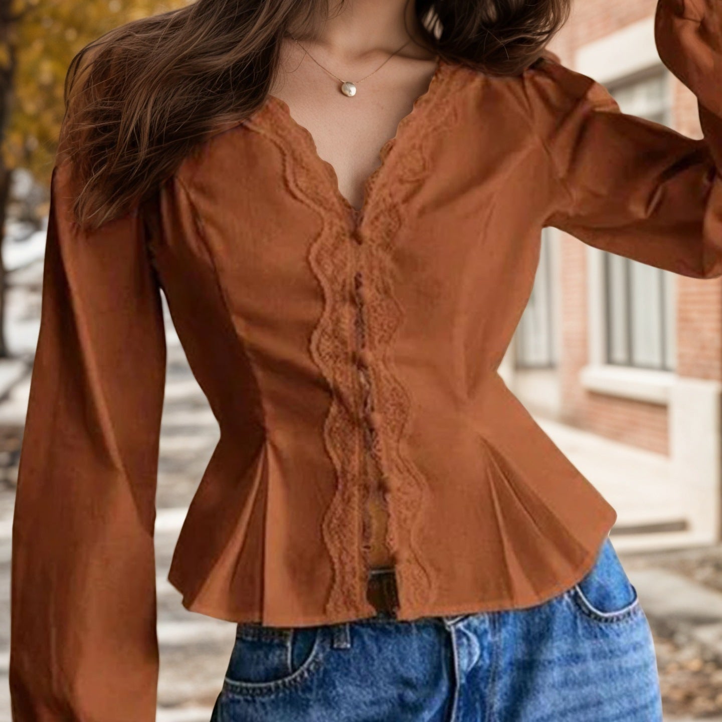 Lace-trimmed Long-sleeve Shirt With Multiple Buttons