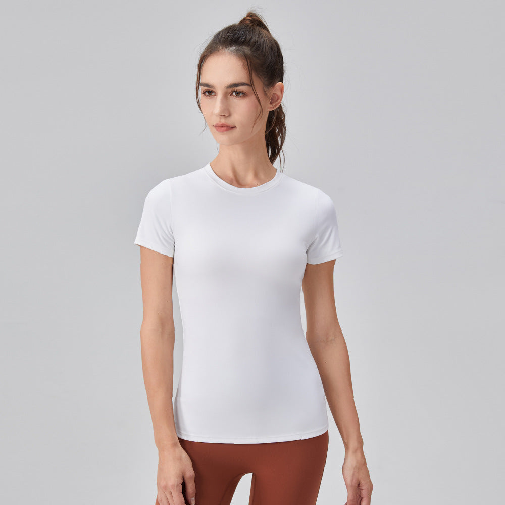 Ensfarvet Yoga Kortærmet Rundhalset Hurtigtørrende Løbe Trænings T-shirt Stram Trænings Yoga Tøj