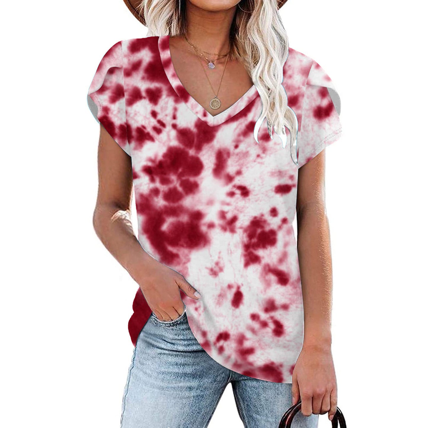 Tie Dyed Floral V-neck Loose Women's T-shirt