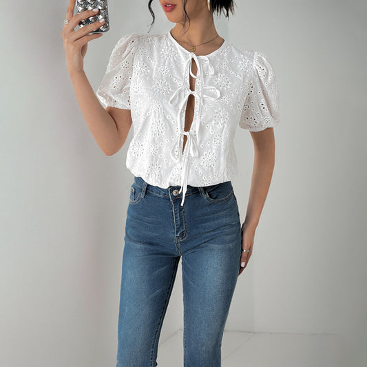 Leisure Vacation Lace-up Crew Neck Puff Sleeve White Jumpsuit