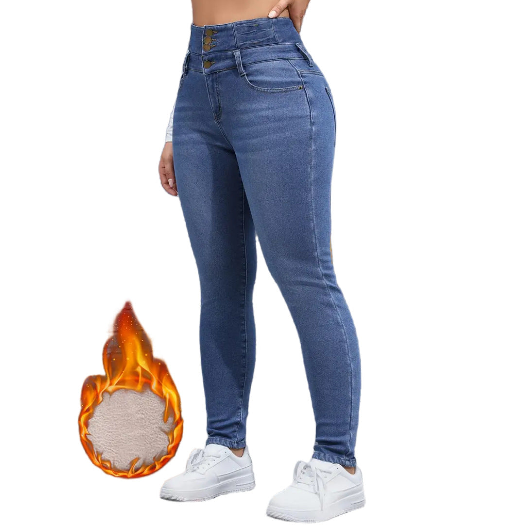 Women's Multi-button Fleece Addition Denim Trousers