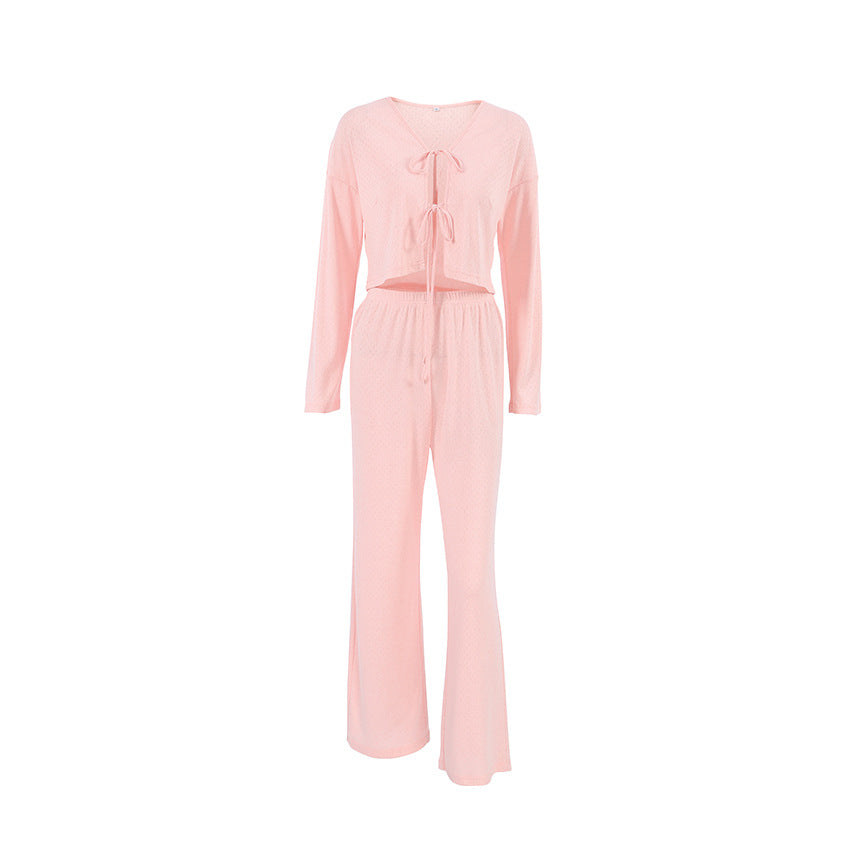 Womens Soft Long-Sleeve Pajama Pants With Hollow-Out Jacquard DesignPerfect For Lounging At Home In Europe And The US