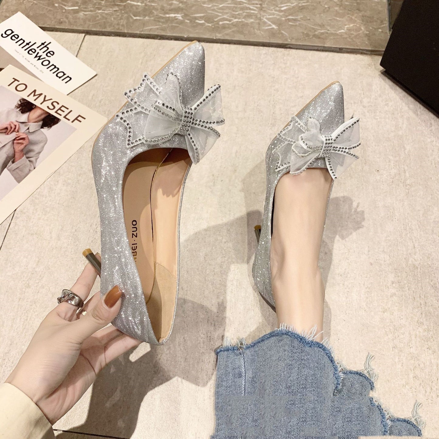 Pointed Toe Bow Knot Baotou Rhinestone Stiletto Crystal Bridesmaid Shoes High Heels