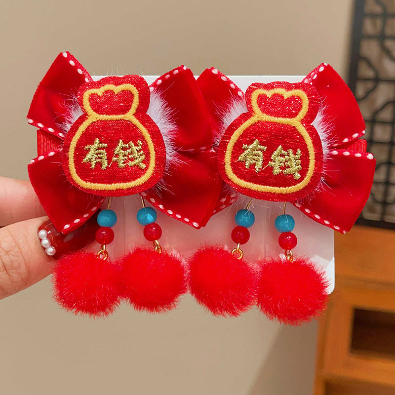 Chinese-style Lion Dance Bow-tie Tassel Pom-pom Hair Clip For Kids