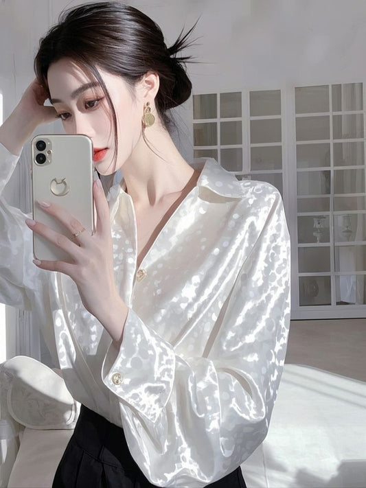 Womens White Long-Sleeve Satin Shirt Elegant Blouse