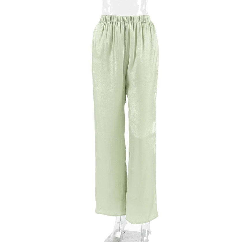 Women's Textured Gold And Silver Woven Casual Drooping Straight Pants