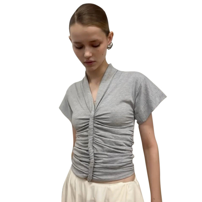New Solid Color And V-neck Sexy Symmetrical Pleated Short Sleeve