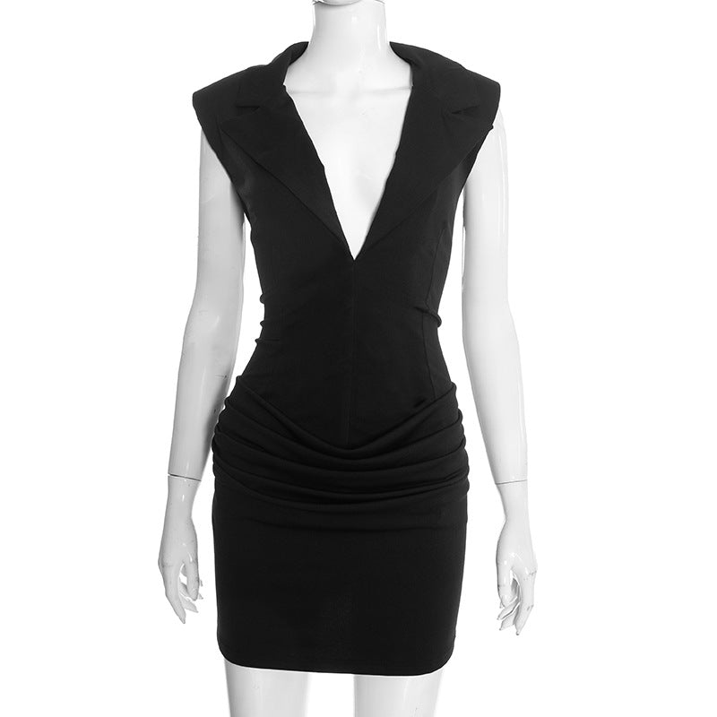 Womens Solid-Color Defined-Waist Slim-Fit Elegant Dress