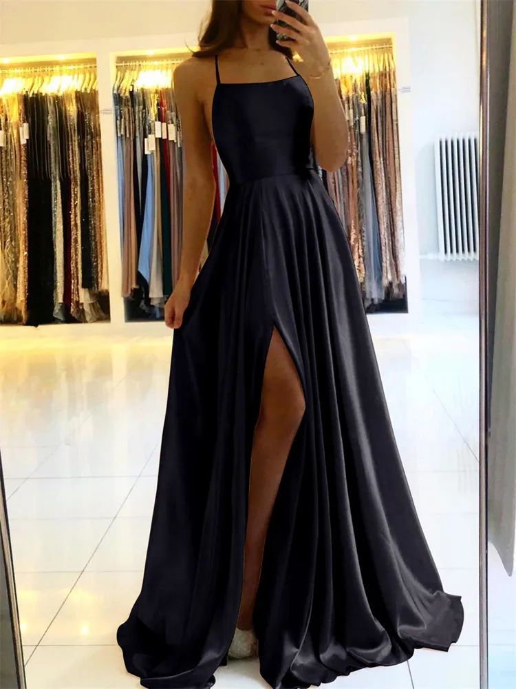 Elegante Maxi Kjole til Kvinder, Strand Satin Kjole med Slids og Snøre