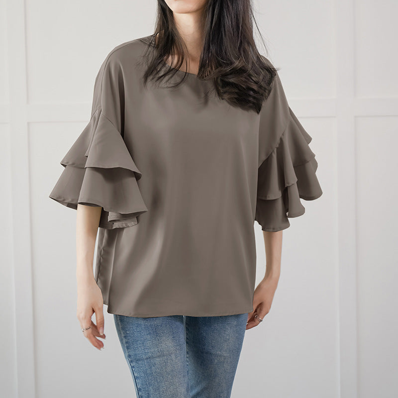 Women's Double-layer Ruffle Sleeve Round Neck Shirt