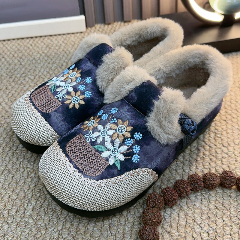 Women's New Chinese-style Thickened Thermal Soft Soled Fleece-lined Embroidered Cotton-padded Shoes