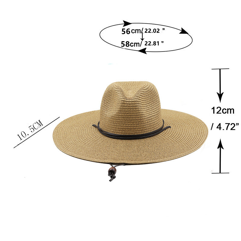 Paper Woven Panama Straw Hat Windproof Rope Flat Big Brim Sunscreen Beach
