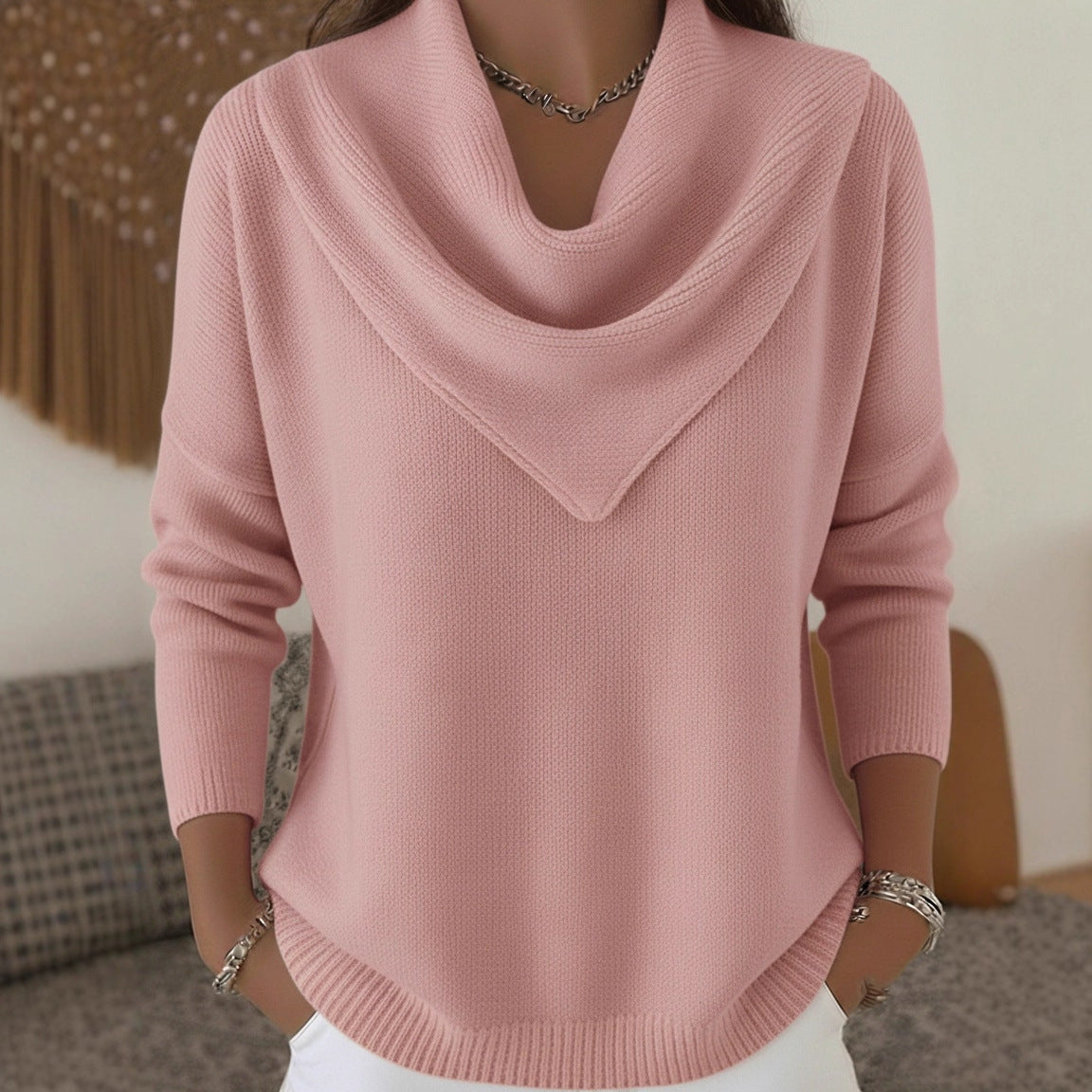 Womens Solid-color Long-sleeve Sweater Top