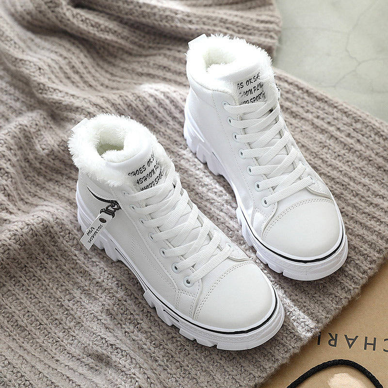 High-top Leather Martin Short Boots Plus Velvet White Cotton