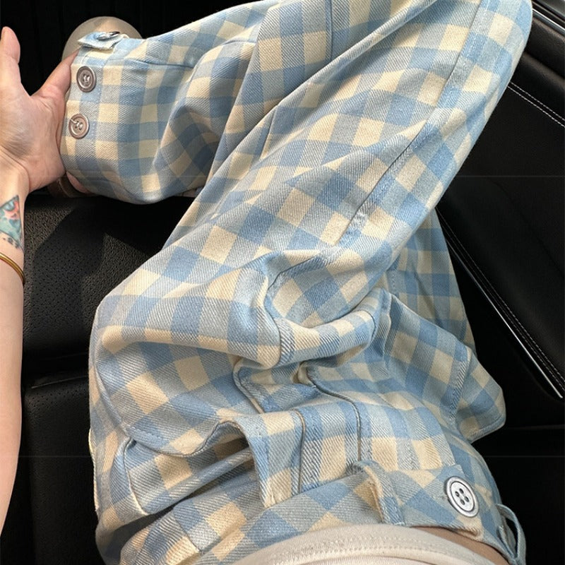 Blue And White Plaid Summer Trousers Loose Cotton Wide Leg Pants For Women