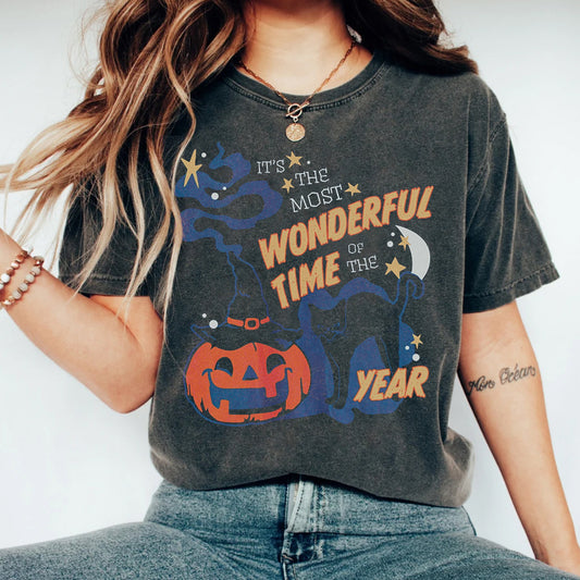 Vasket Vintage Bomulds Græskar Halloween Sort Kat Trykt T-shirt