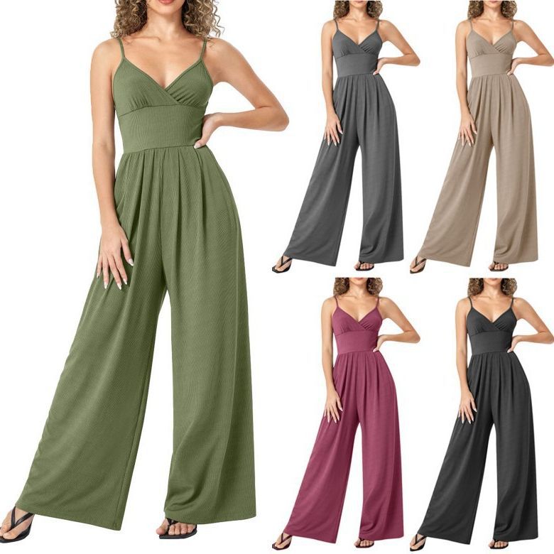 Solid Color Straight Strap Casual Jumpsuit