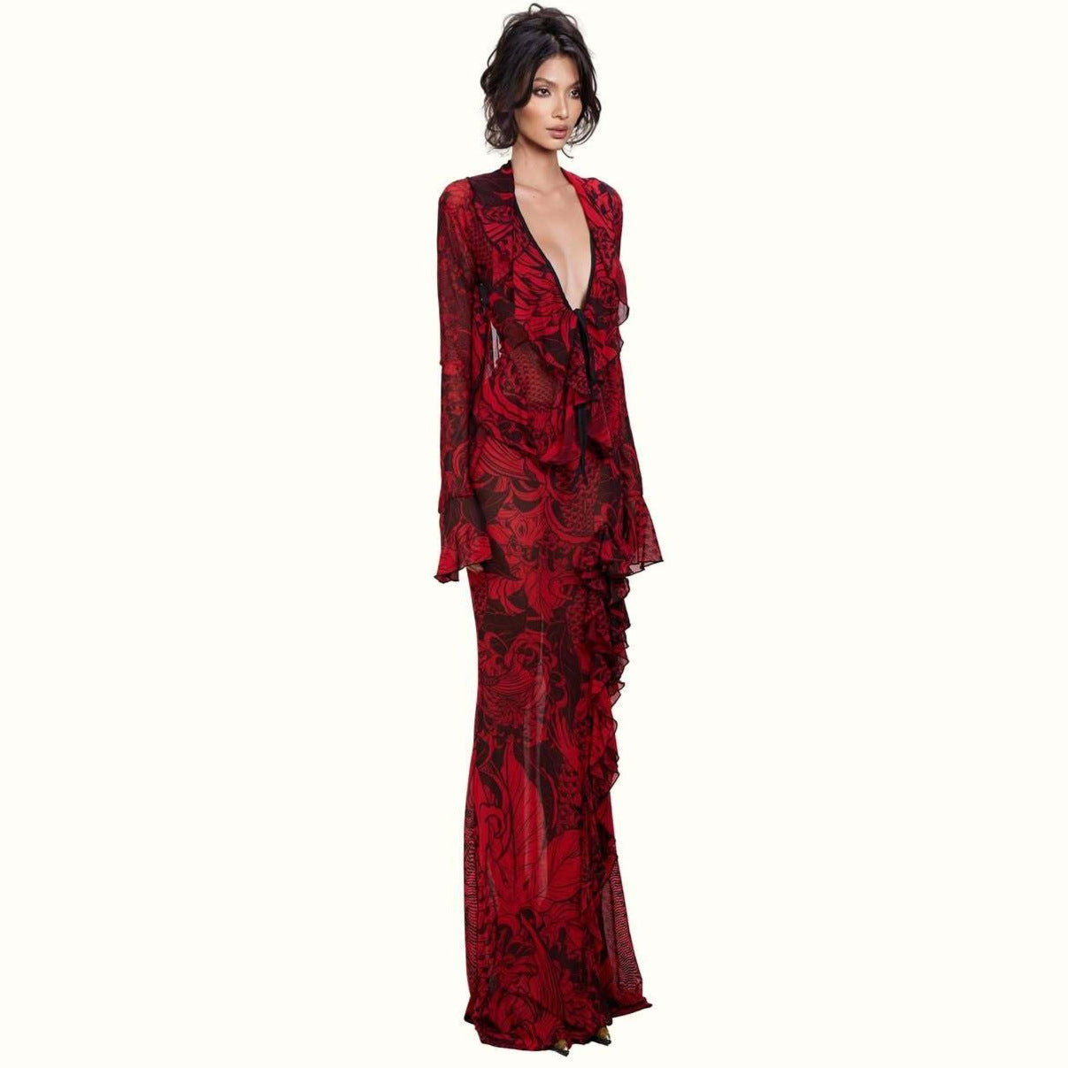 New French Style Retro Solid Color Lace Deep V Flared Sleeve Split Dress