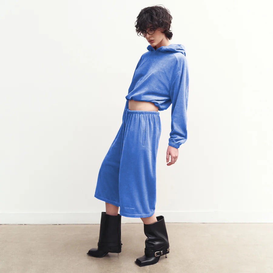 Womens Hooded Long-Sleeve Top And Elastic-Waist Shorts Set