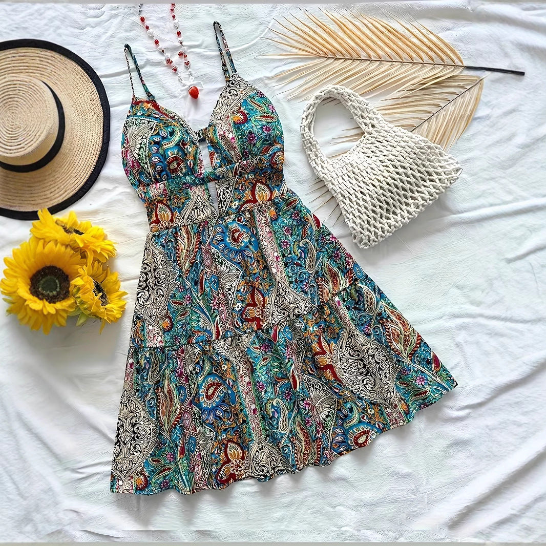 Printed Strap V Neck Hollow Out Backless Beach Dress