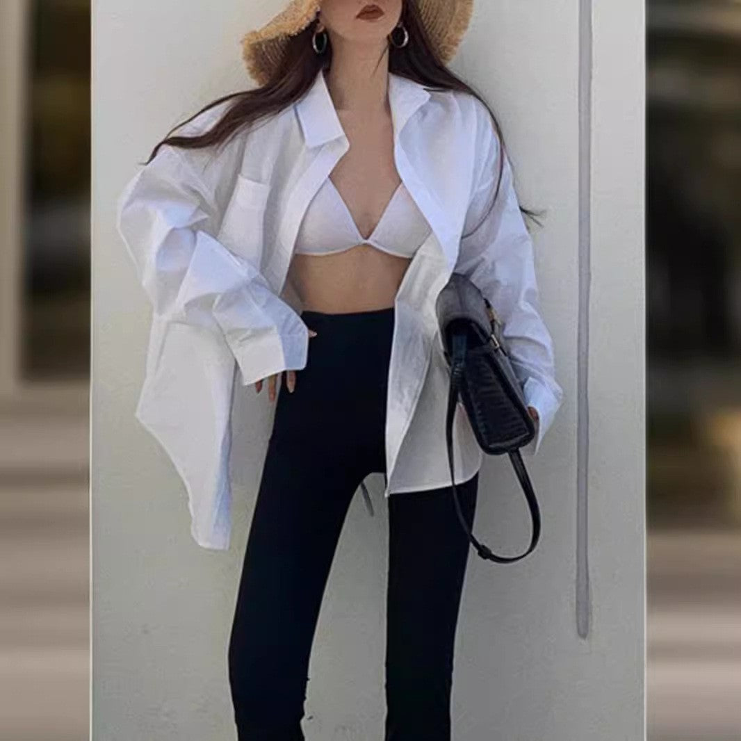 Boyfriend Style White Pure Cotton Coat Design Sense Niche Idle Style Shirt Outer Tops