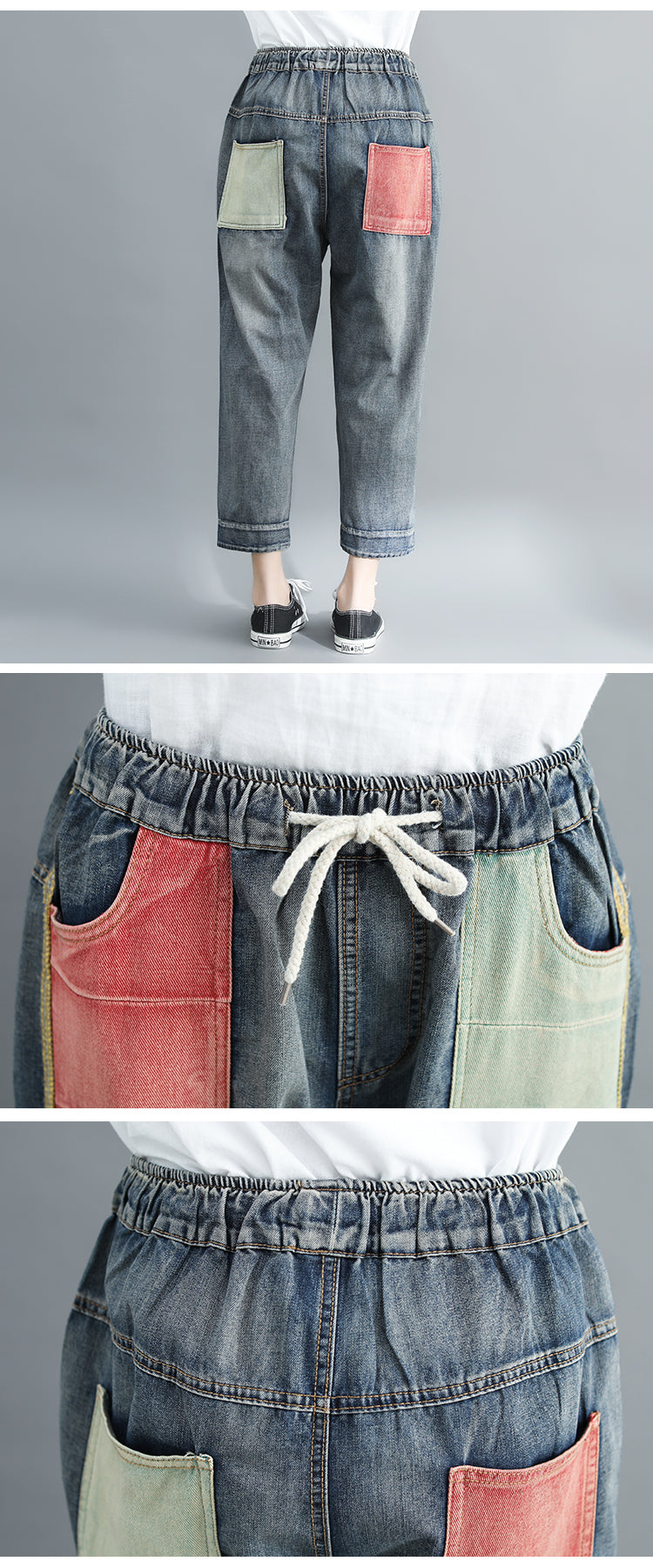 Artistic Contrast Color Washed Worn Jeans Women's All-matching Loose Casual Harem Pants