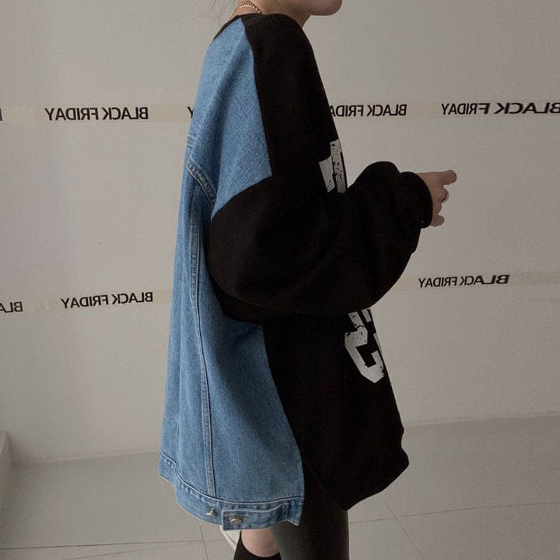Afslappet langærmet denim-patchwork sweater til kvinder