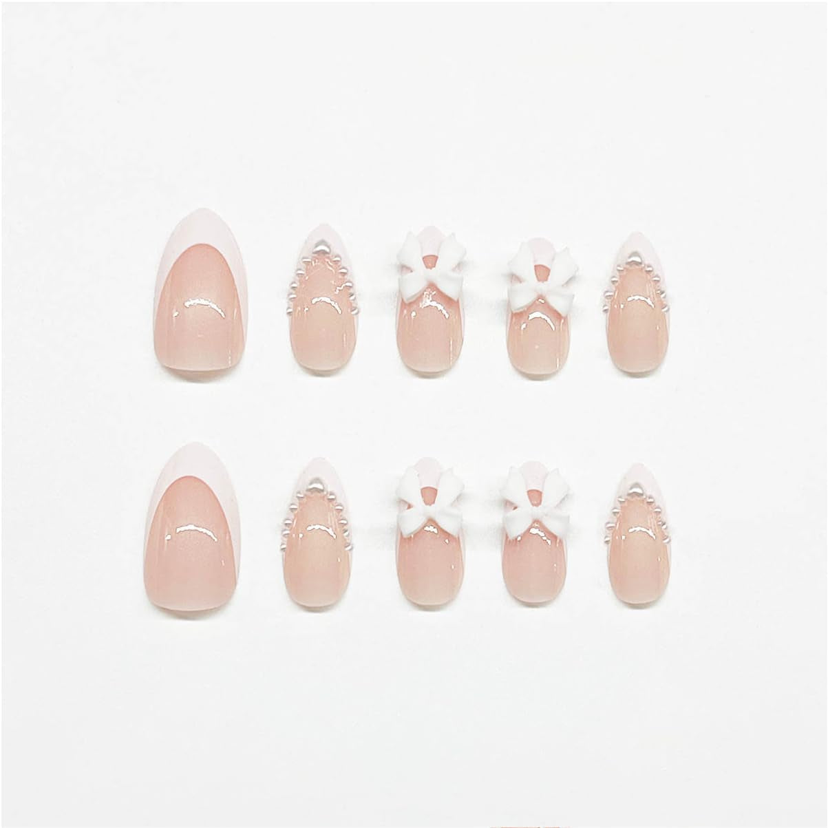 24Pcs Almond Press on Nails French Tips Short Fake Nails with Cute Bow Charms Design French Press on False Nails Nude Pink Acrylic Nails Almond Shaped Artificial Nails for Women Girls Manicure Tip