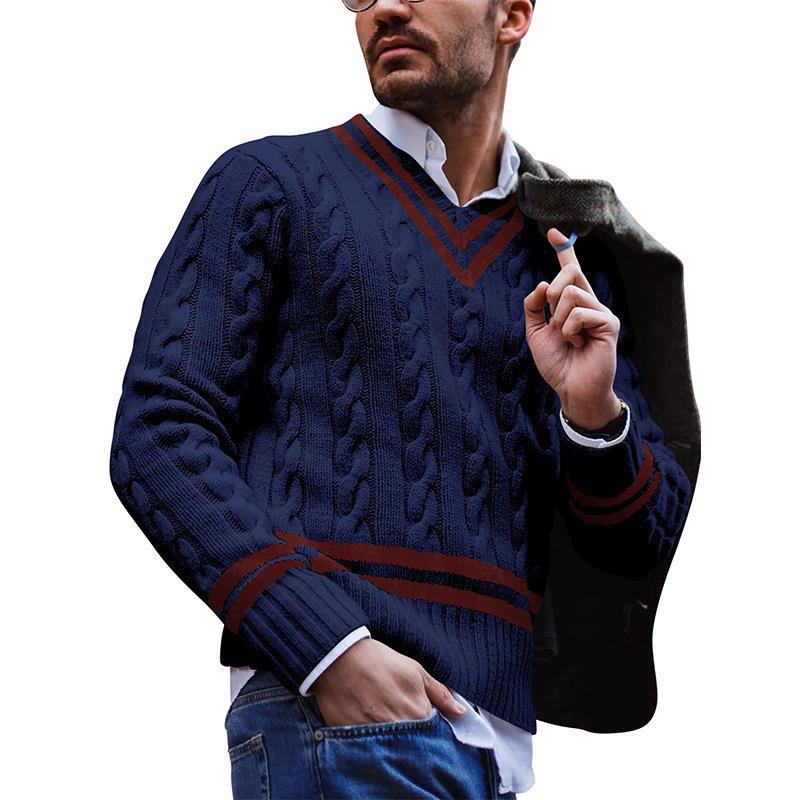 Men's Striped Color Blocking Knitting V-neck Sweater