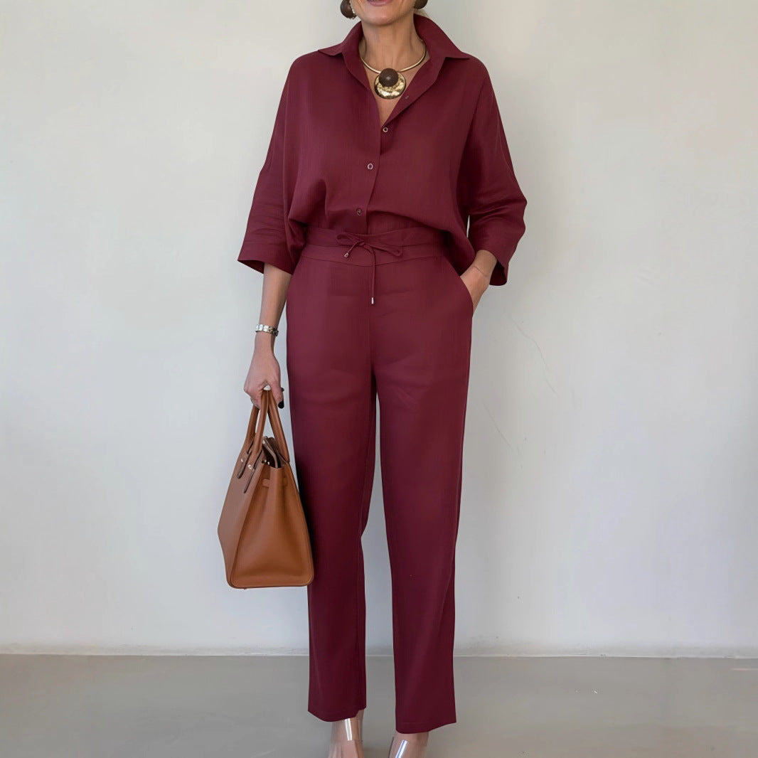 New Elegant Solid Color Polo Collar Linen Shirt And Two-piece Pants