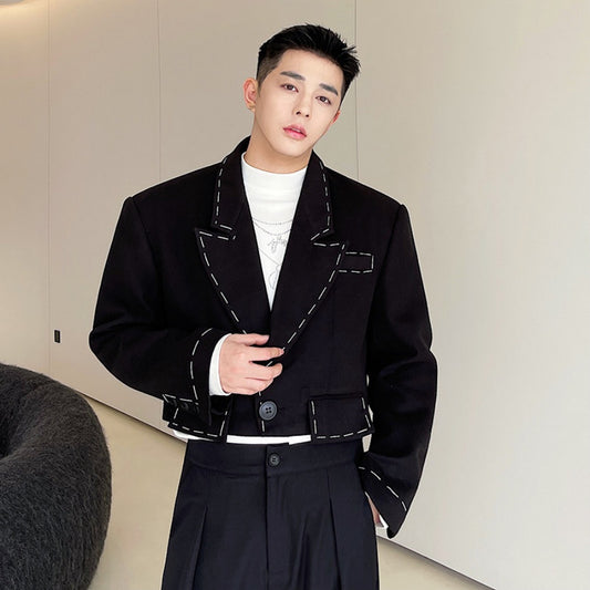 Men's Black Short Suit Jacket With Distinctive Hand-Stitched Detailing