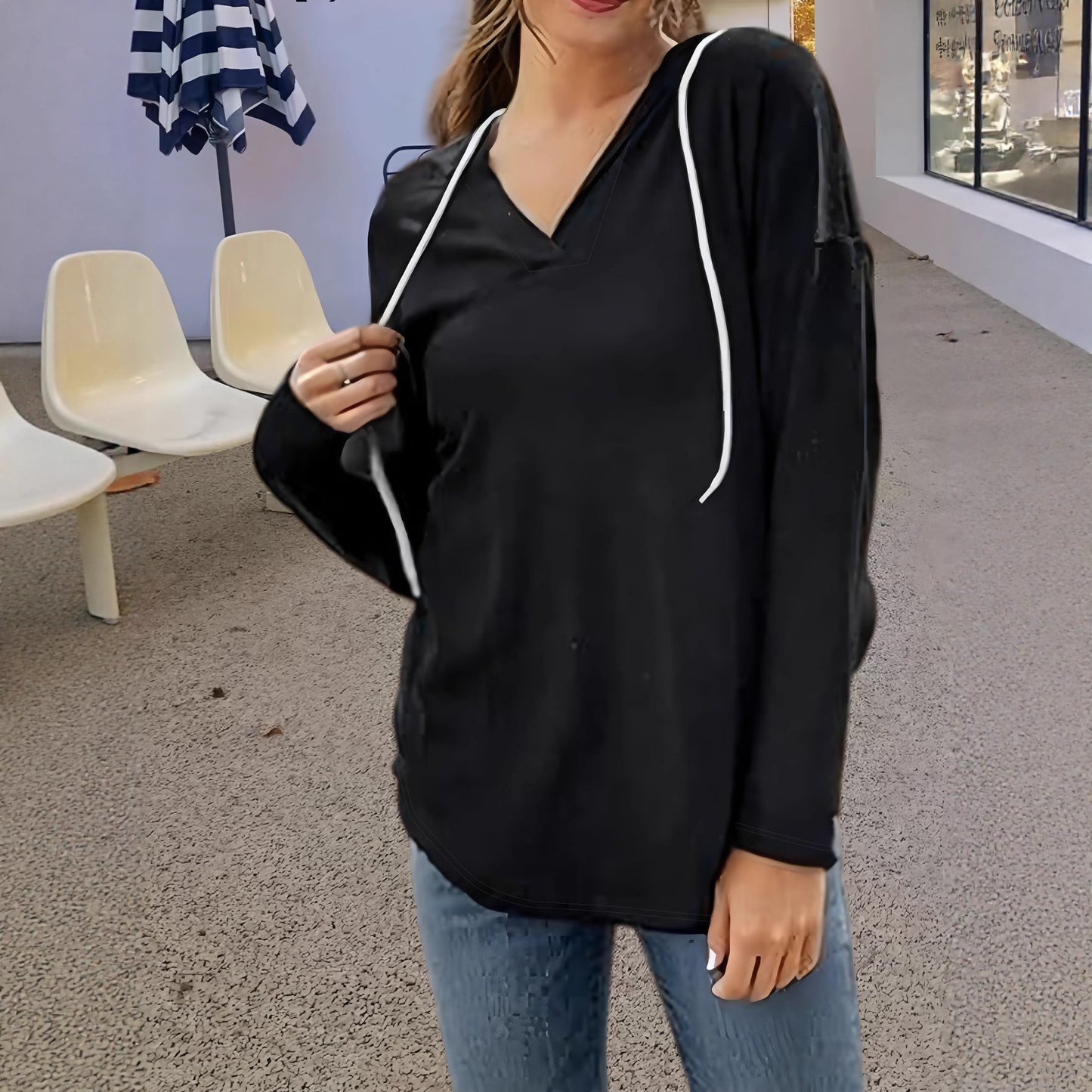 Efterår Ny Dame V-hals Sweatshirt Hætte Langærmet