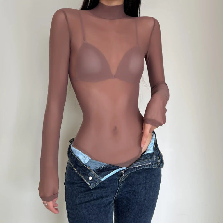 Women's Mesh Sheer Crew-Neck Long-Sleeve Jumpsuit