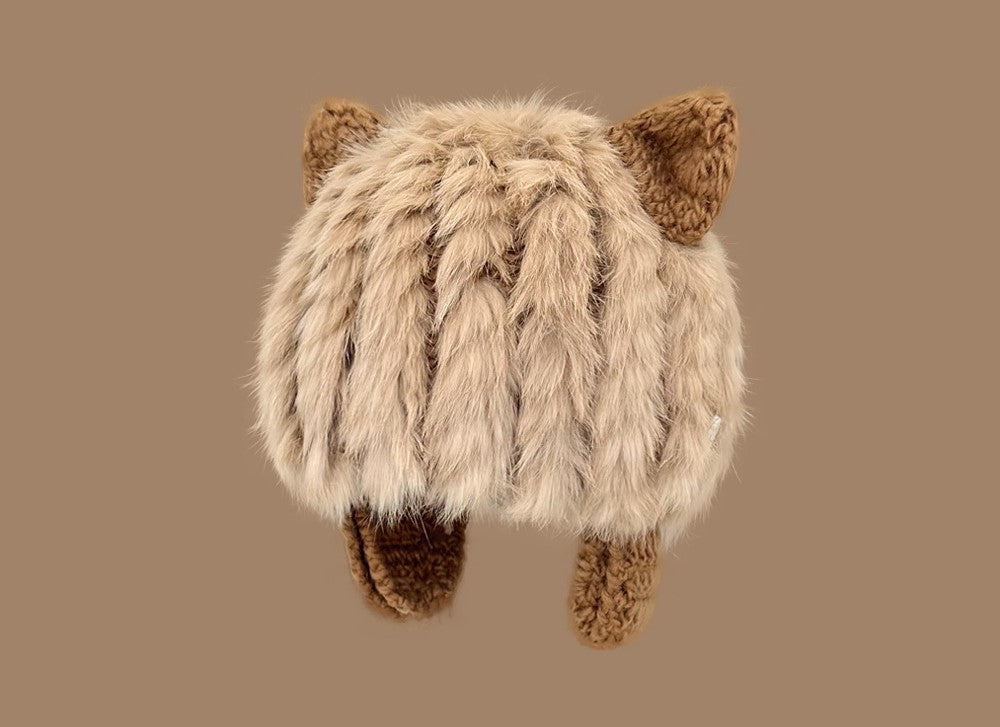 Japanese Cute Cat Ears Plush Rabbit Fur Knitted Sleeve Cap Female