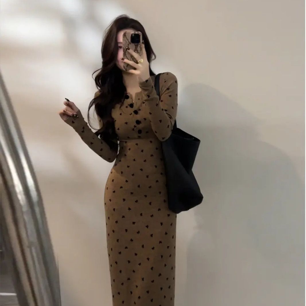 Button-up Knitted Dress Long Sleeves Bow Detail Slim-fit And Figure-flattering