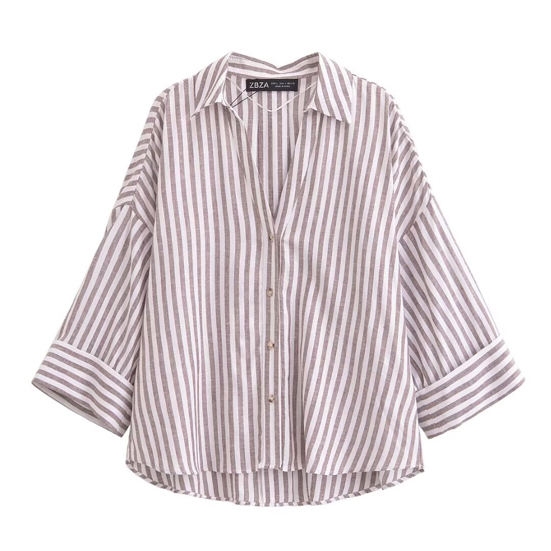 Women's Fashionable Slim-Fit Linen Multi-Color Striped Long-Sleeve Shirt